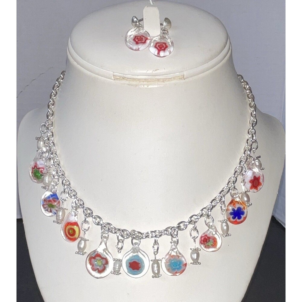 Necklace Glass Beads Murano Style Floral Set Matching Earrings Silver Tone Chain